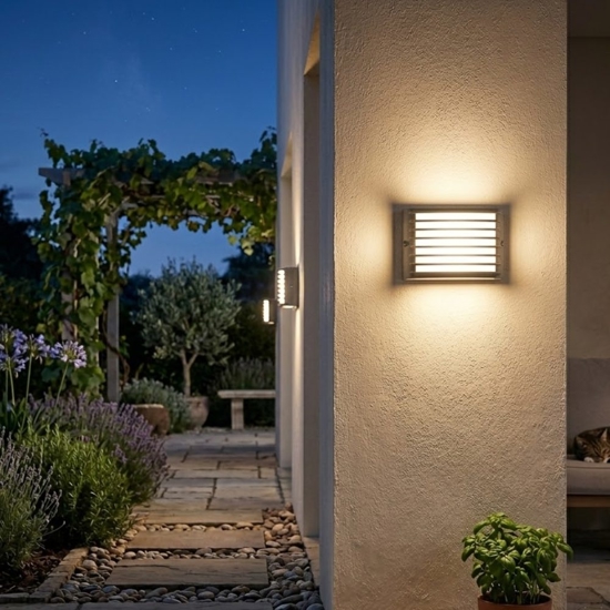 Applique rettangolare per esterno grafite design griglia led 3000k ip65