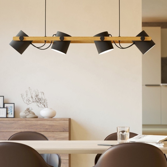 Lampadario a sospensione di legno con faretti neri per cucina sala da pranzo eglo hornwood