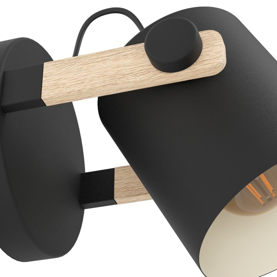 Applique legno e metallo nero a spot orientabile per comodino camera da letto eglo hornwood