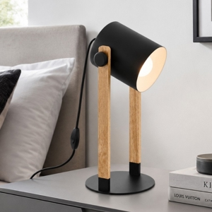 Lampada da comodino di legno con diffusore nero per camera da letto eglo hornwood