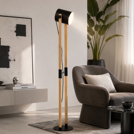 Piantana lampada da terra in legno con spot nero da lettura eglo hornwood