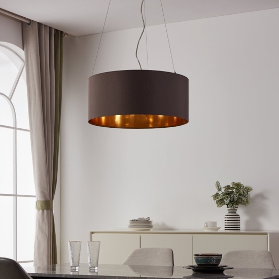 Lampadario cilindro a sospensione in tessuto cappuccino interno oro 53 cm eglo maserlo