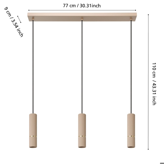 Lampadario sabbia oro 3 cilindri pendenti a sospensione per tavolo da pranzo eglo caminia