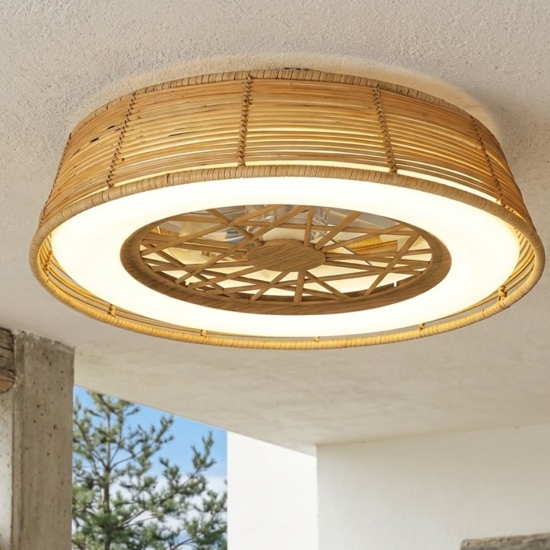 Lampadario ventilatore in vimini con pale per esterno ip44 led cct da 2700k a 5000k con telecomando 13 mq