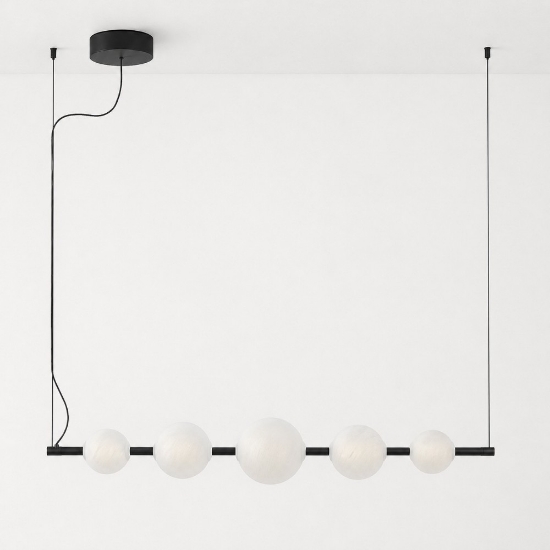 Lampadario nero sfere di vetro effetto alabastro moderno per sala da pranzo