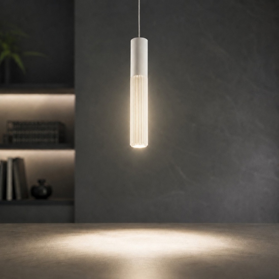Lampada a sospensione cilindro rigato bianco led cct 3000k 4000k biemissione cri90