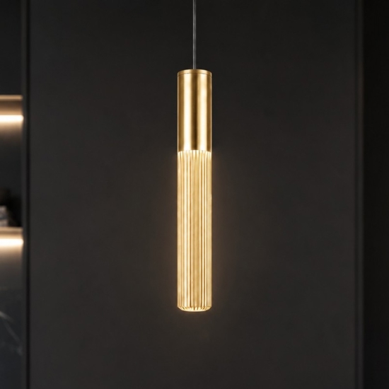 Lampada a sospensione cilindro oro anticato rigato led cct 3000k 4000k moderna