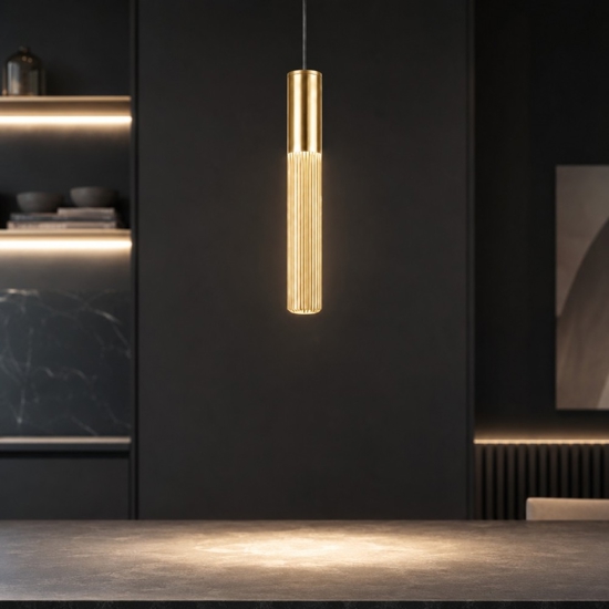 Lampada a sospensione cilindro oro anticato rigato led cct 3000k 4000k moderna