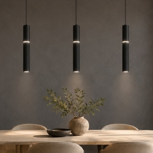 Lampadario barra con 3 pendenti nero cilindri rigati led cct 3000k 4000k per tavolo da pranzo