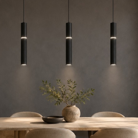 Lampadario barra con 3 pendenti nero cilindri rigati led cct 3000k 4000k per tavolo da pranzo