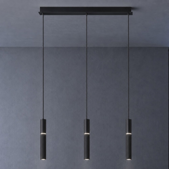 Lampadario barra con 3 pendenti nero cilindri rigati led cct 3000k 4000k per tavolo da pranzo