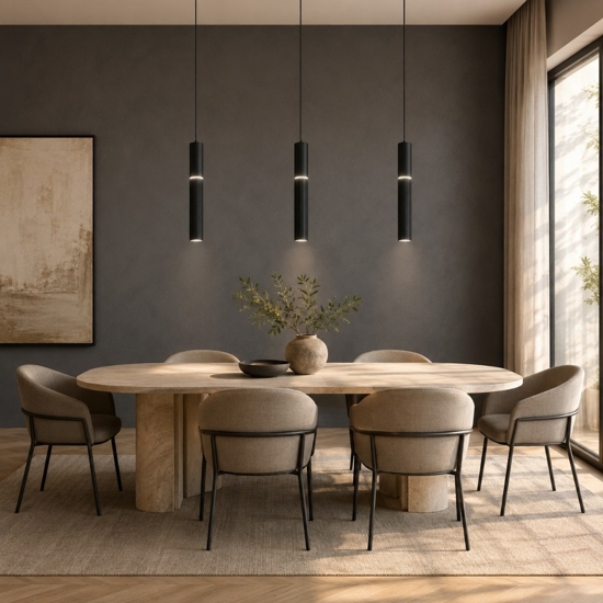 Lampadario barra con 3 pendenti nero cilindri rigati led cct 3000k 4000k per tavolo da pranzo