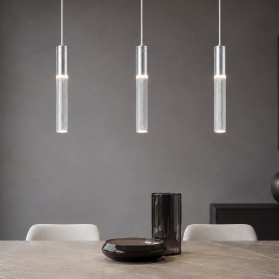 Lampadario barra con 3 lampade pendenti cilindri alluminio per sala da pranzo