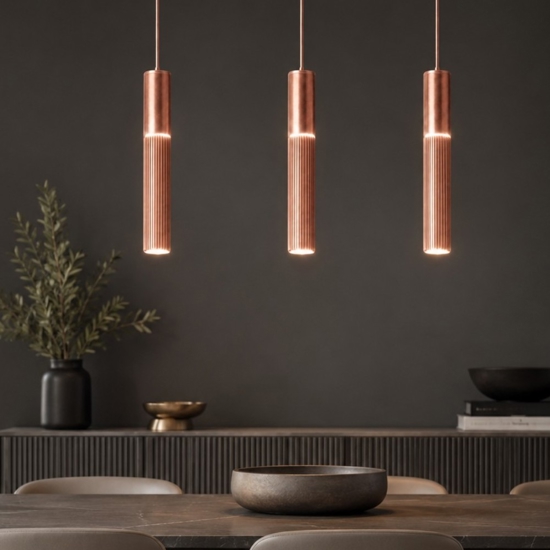 Lampadario barra a 3 lampade pendenti cilindri bronzo led cct 3000k 4000k per soggiorno moderno