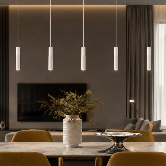 Lampadario a barra con 5 lampade cilindri bianco led cct 3000k 4000k per soggiorno moderno