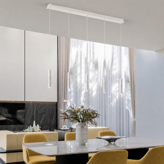 Lampadario a barra con 5 lampade cilindri bianco led cct 3000k 4000k per soggiorno moderno