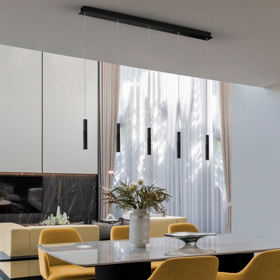 Lampadario nero con lampade cilindri pendenti led cct 3000k 4000k per sala da pranzo moderna