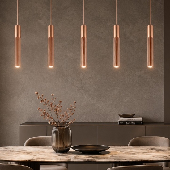 Lampadario con 5 lampade a sospensioni cilindri bronzo per soggiorno contemporaneo