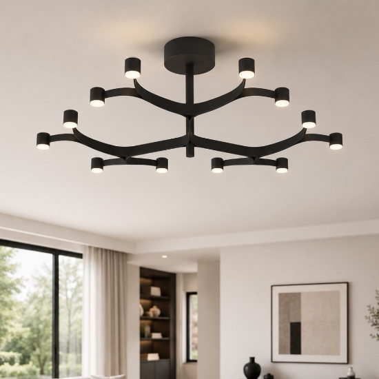 Plafoniera moderna 12 luci nera led 2700k fronda stilnovo