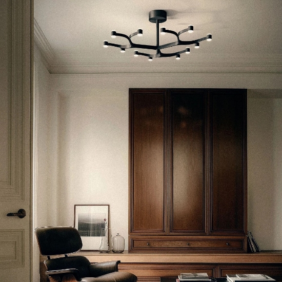 Plafoniera moderna 12 luci nera led 2700k fronda stilnovo