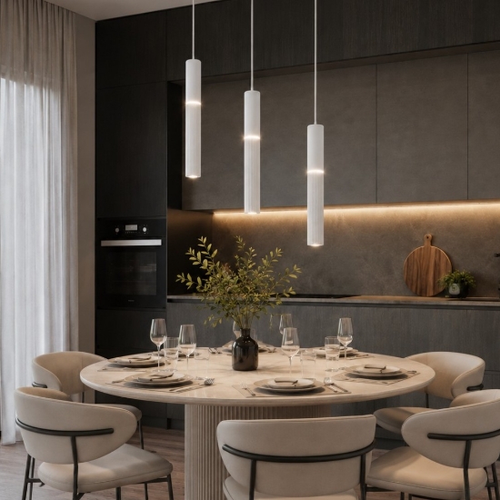 Lampadario 3 pendenti bianco cilindri led cct 3000k 4000k per tavolo cucina moderna