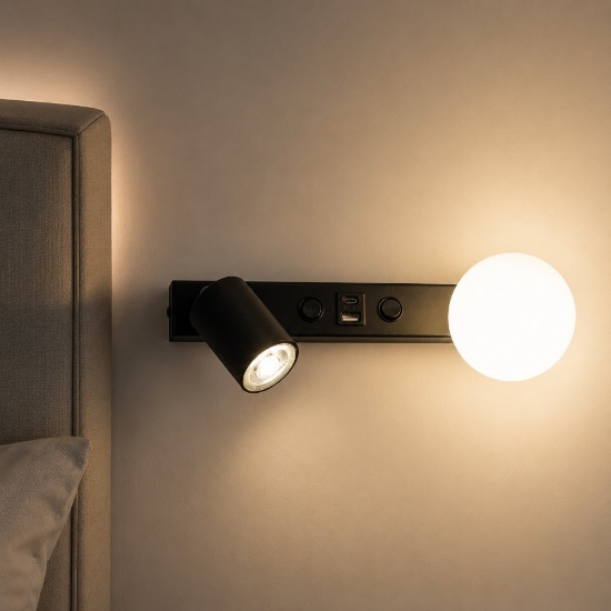 Applique nero per comodini camera da letto con faretto sfera di vetro presa usb