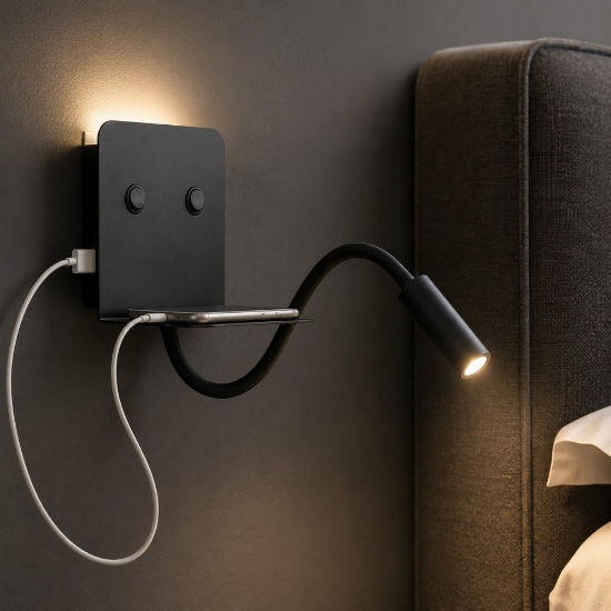 Applique multifunzione per camera da letto nero level perenz illuminazione led 6w 3000k