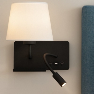 Applique comodino nero multifunzione con paralume bianco porta usb