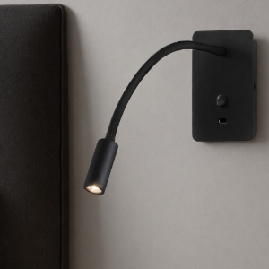Applique camera da letto multifunzione led 3w 3000k usb nero luce orientabile