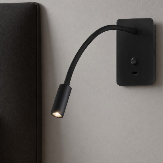 Applique camera da letto multifunzione led 3w 3000k usb nero luce orientabile