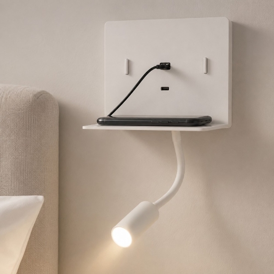 Applique bianco moderno da comodino presa usb luce orientabile led 3w 3000k