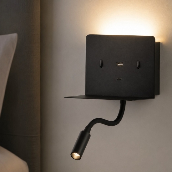 Applique da comodino per camera da letto moderna nero con presa usb led 3w 3000k