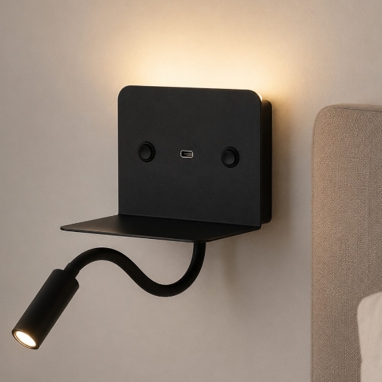 Applique da comodino per camera da letto moderna nero presa usb mensola due luci led 3w 3000k
