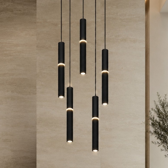 Lampadario cilindri a cascata nero moderno led 3000k 4000k cct per soggiorno