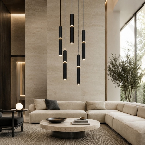 Lampadario cilindri a cascata nero moderno led 3000k 4000k cct per soggiorno