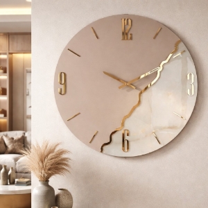 Orologio da parete 60 cm rotondo legno tortora resina effetto marmo oro