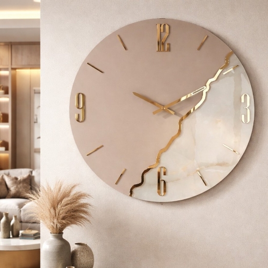 Orologio da parete 60 cm rotondo legno tortora resina effetto marmo oro