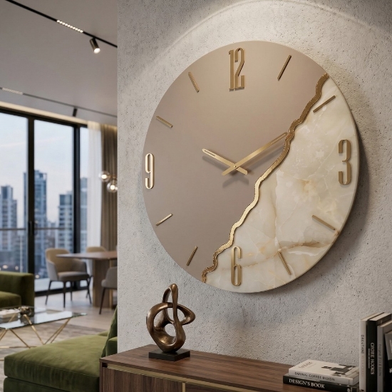 Orologio da parete 60 cm rotondo legno tortora resina effetto marmo oro