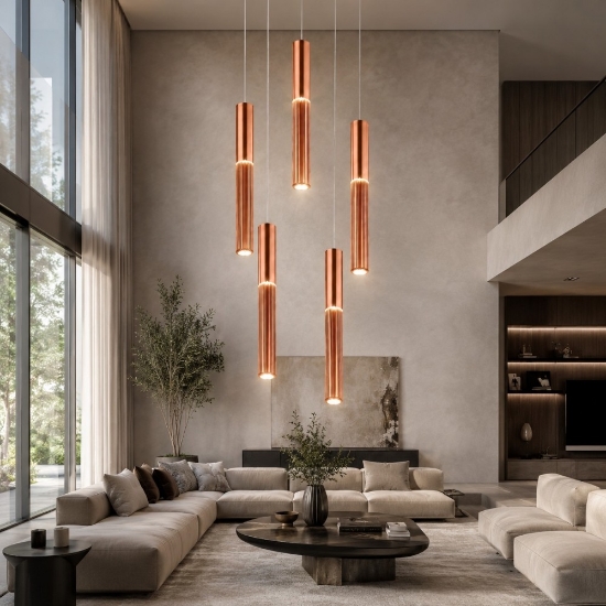 Lampadario 5 lampade cilindri bronzo a sospensione led cct 3000k 4000k per soggiorno