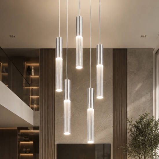 Lampadario alluminio 5 cilindri a sospensione moderna per soggiorno