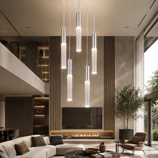 Lampadario alluminio 5 cilindri a sospensione moderna per soggiorno
