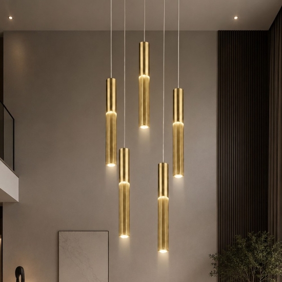 Lampadario 5 pendenti cilindri a grappolo oro a sospensione moderno led 3000k 4000k per salotto