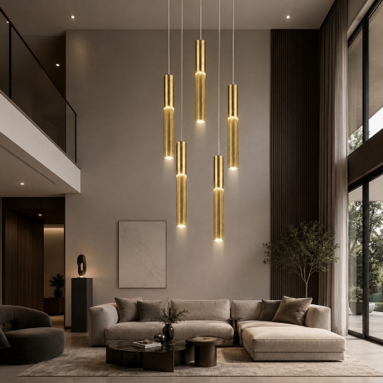 Lampadario 5 pendenti cilindri a grappolo oro a sospensione moderno led 3000k 4000k per salotto