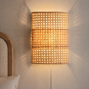 Applique da comodino in rattan naturale con filo e spina per camera da letto