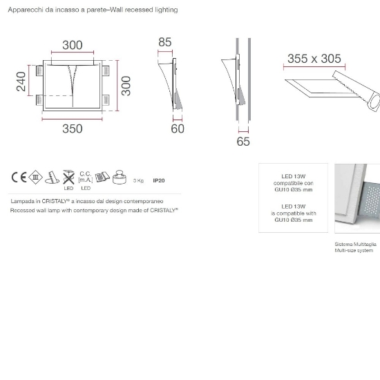 Applique in gesso led cristaly da incasso a scomparsa parete verniciabile 13w 4000k
