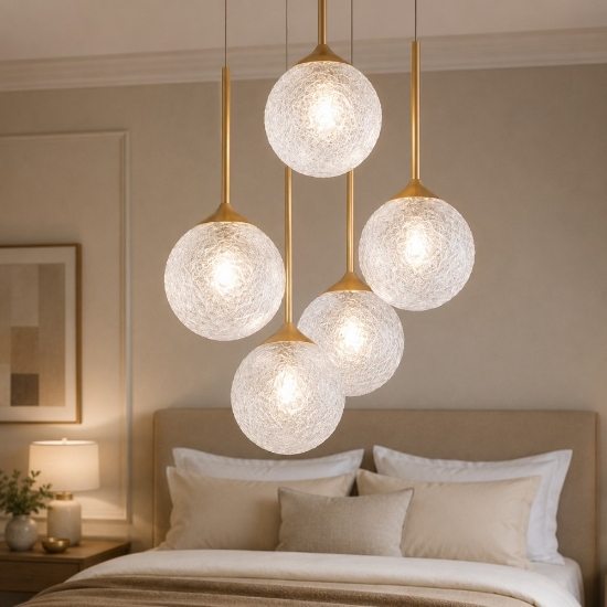 Lampadario elegante pendenti a grappolo oro vetri trasparenti