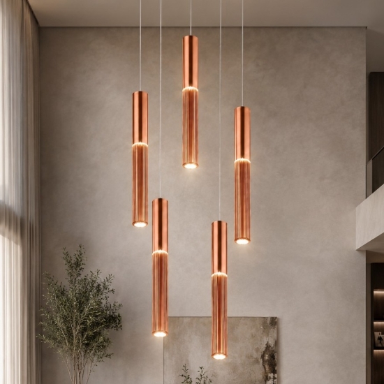 Lampadario 5 lampade cilindri oro rosato a sospensione led cct 3000k 4000k per soggiorno