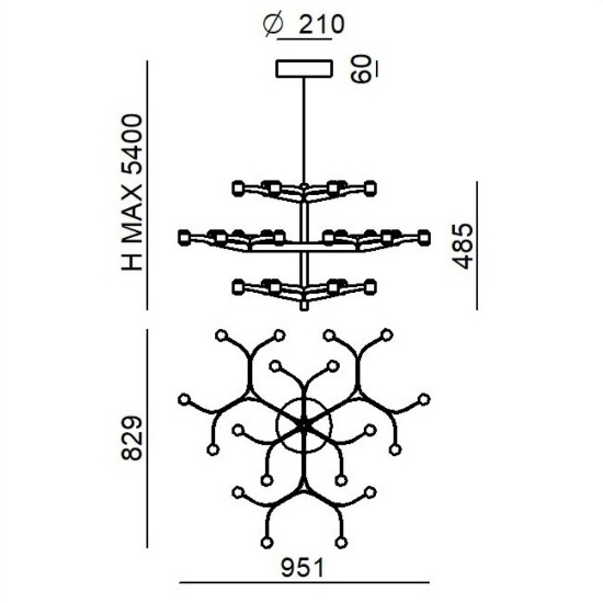 Lampadario moderno nero stilnovo fronda led 2700k dali
