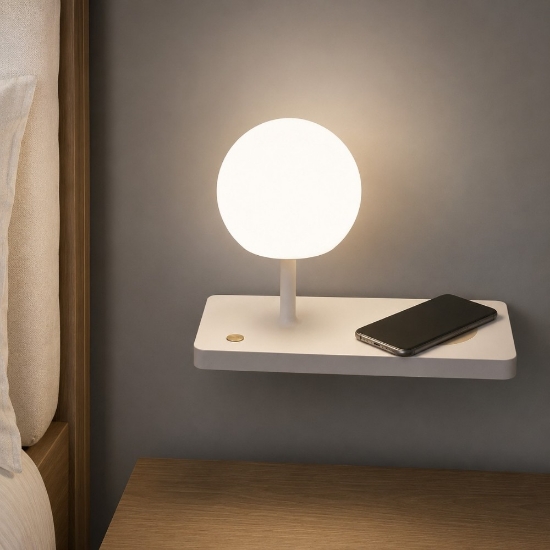Applique camera da letto lato sinistro mensola presa usb caricatore wireless led 7w 3000k