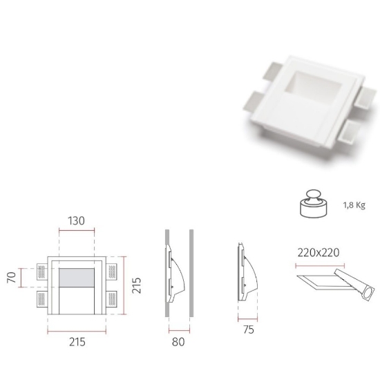 Applique vela da incasso parete led 9w 3000k di gesso cristaly a scomparsa